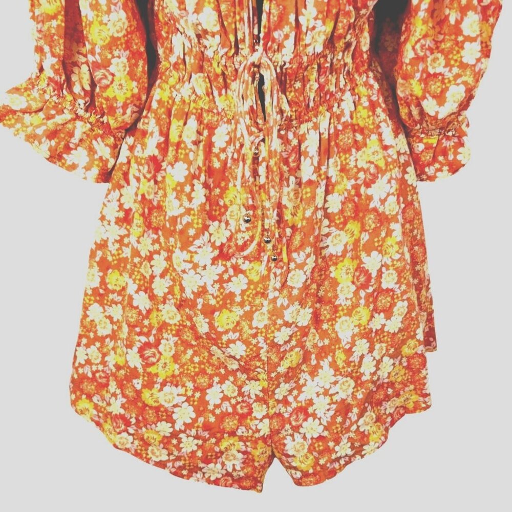 Free People Show Me Love Linen Romper Orange Floral Smocked Dress W Tie Front Sm - Picture 4 of 8